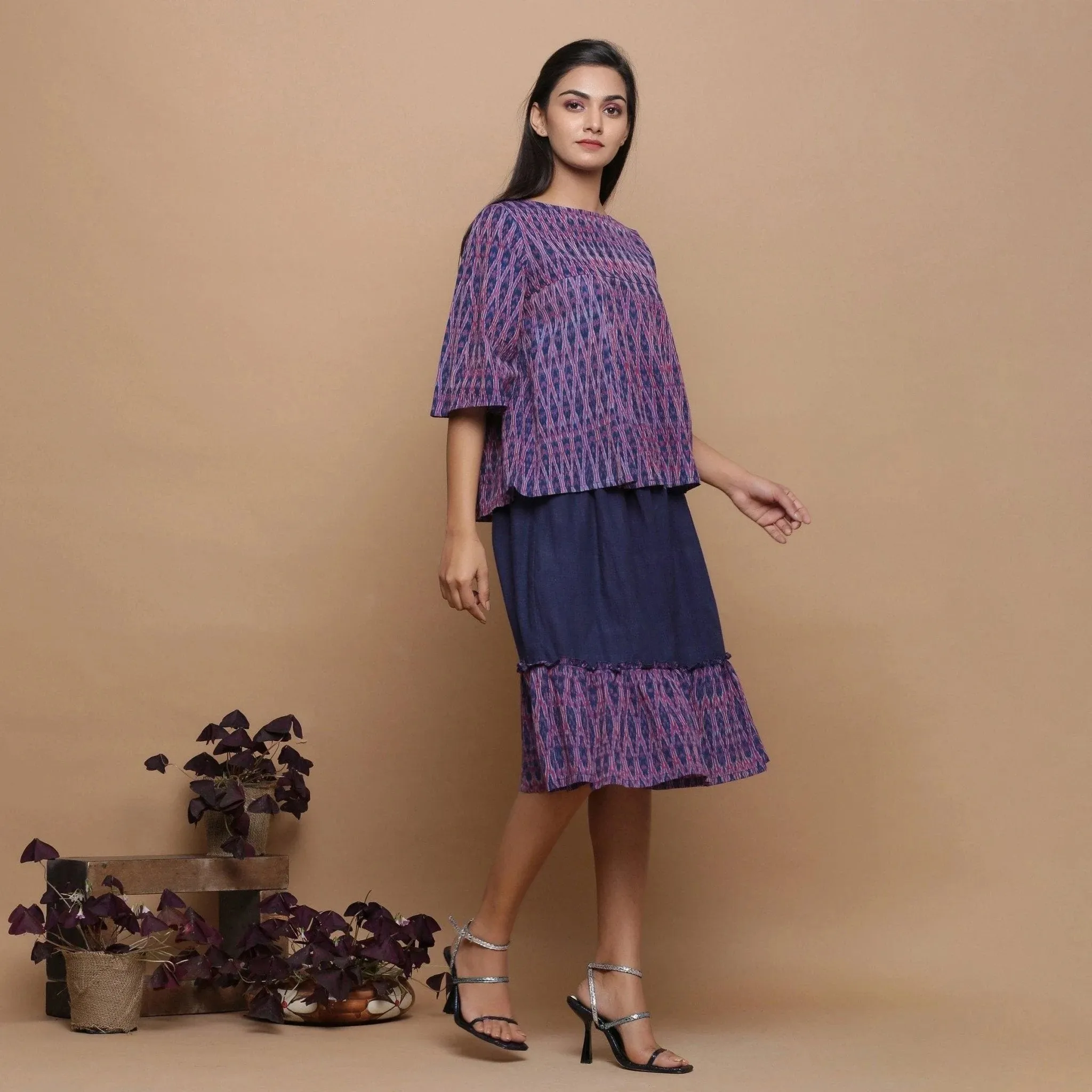 Blue Handwoven Cotton Ikat Godet Flared Top