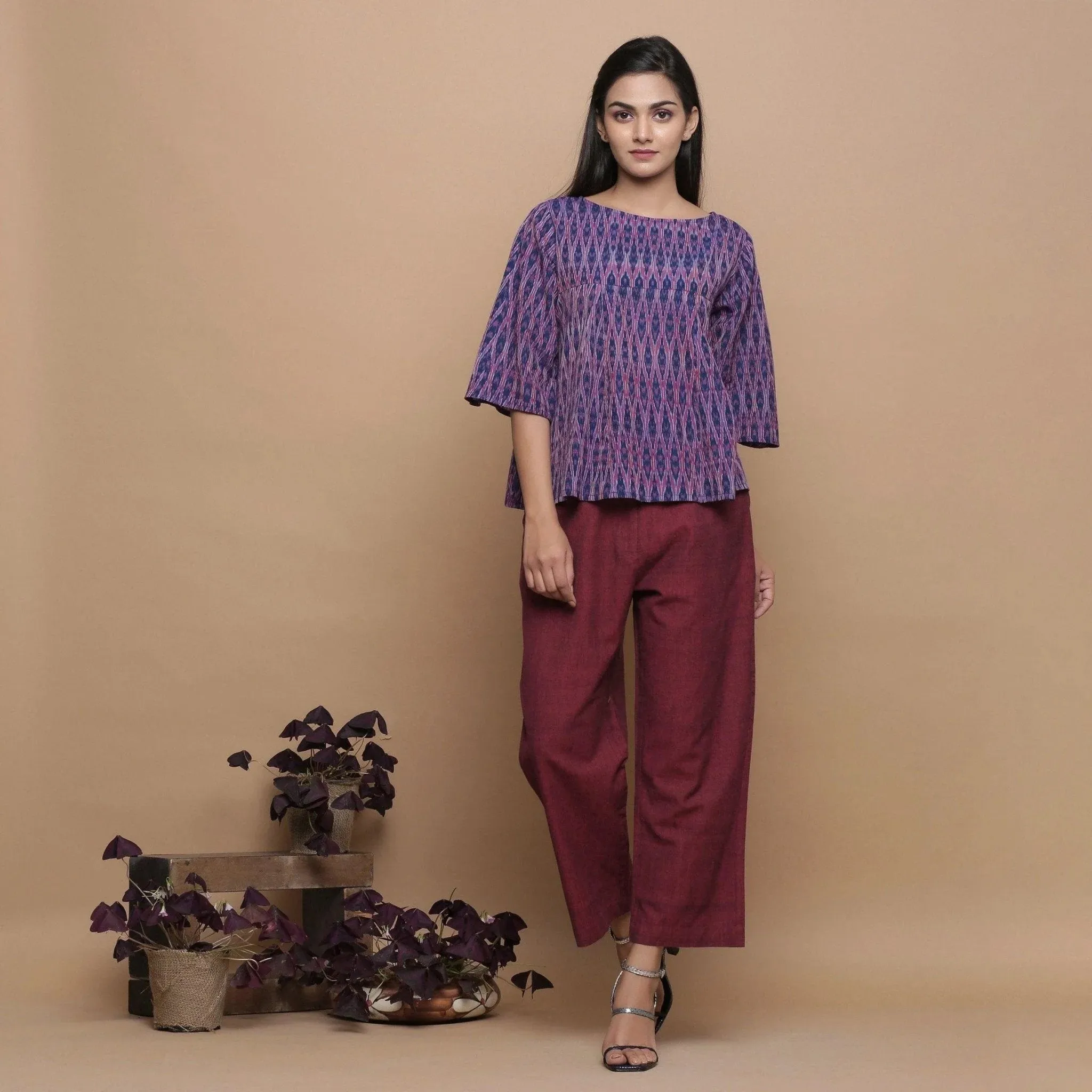 Blue Handwoven Cotton Ikat Godet Flared Top