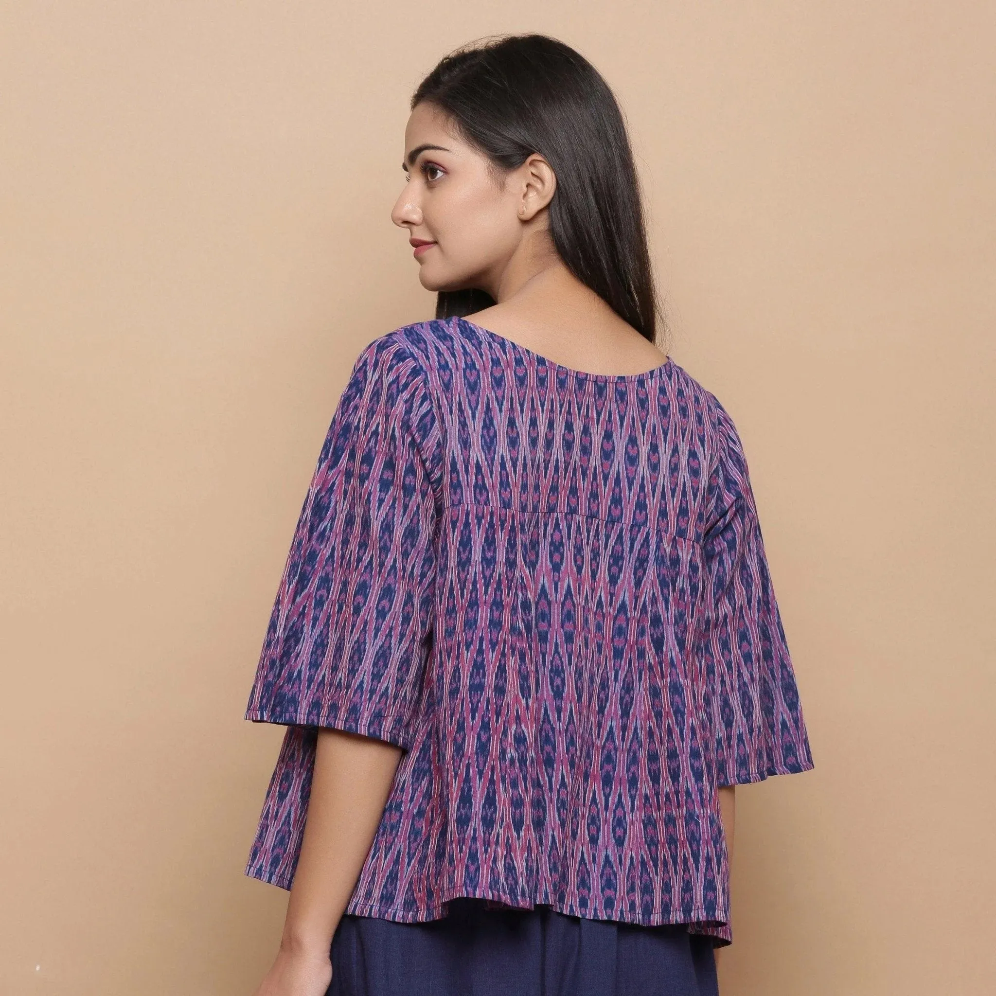 Blue Handwoven Cotton Ikat Godet Flared Top