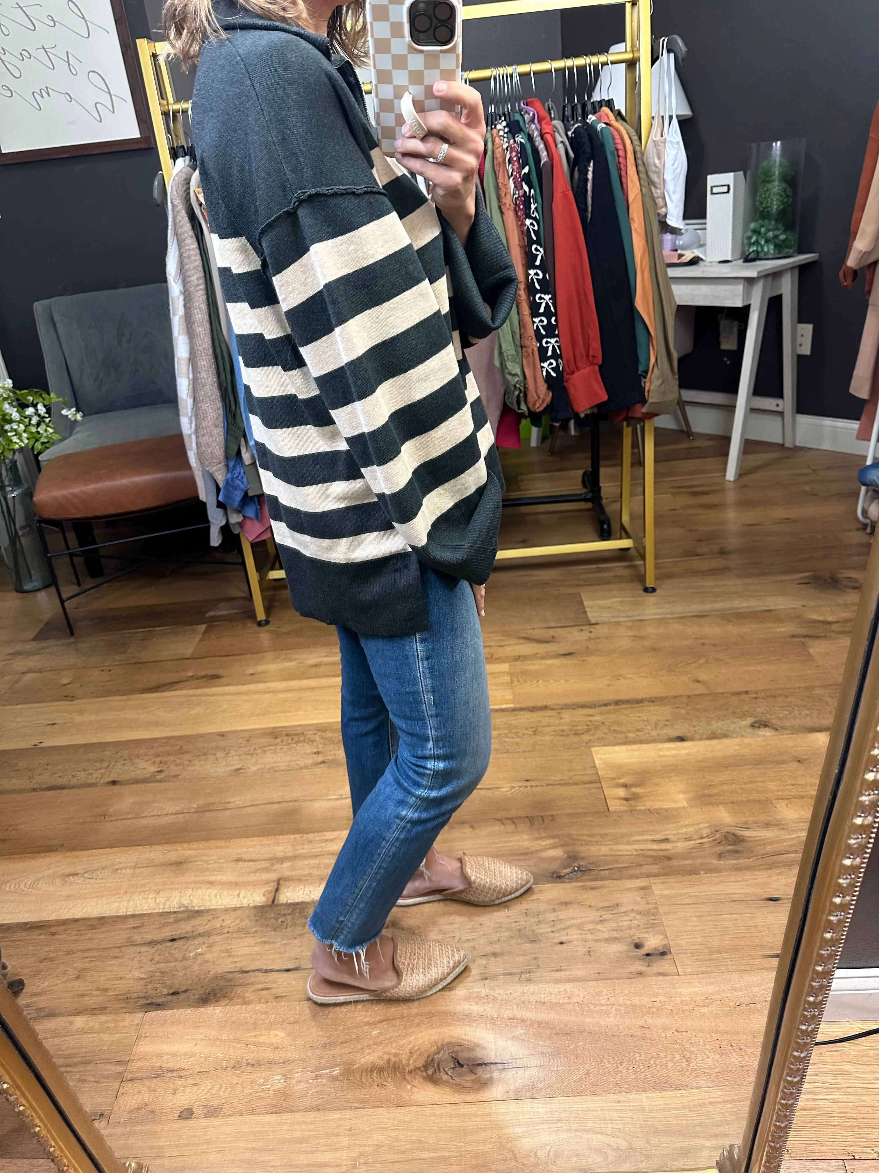 Brittany Mocha and Charcoal 1/2 Zip Striped Knit