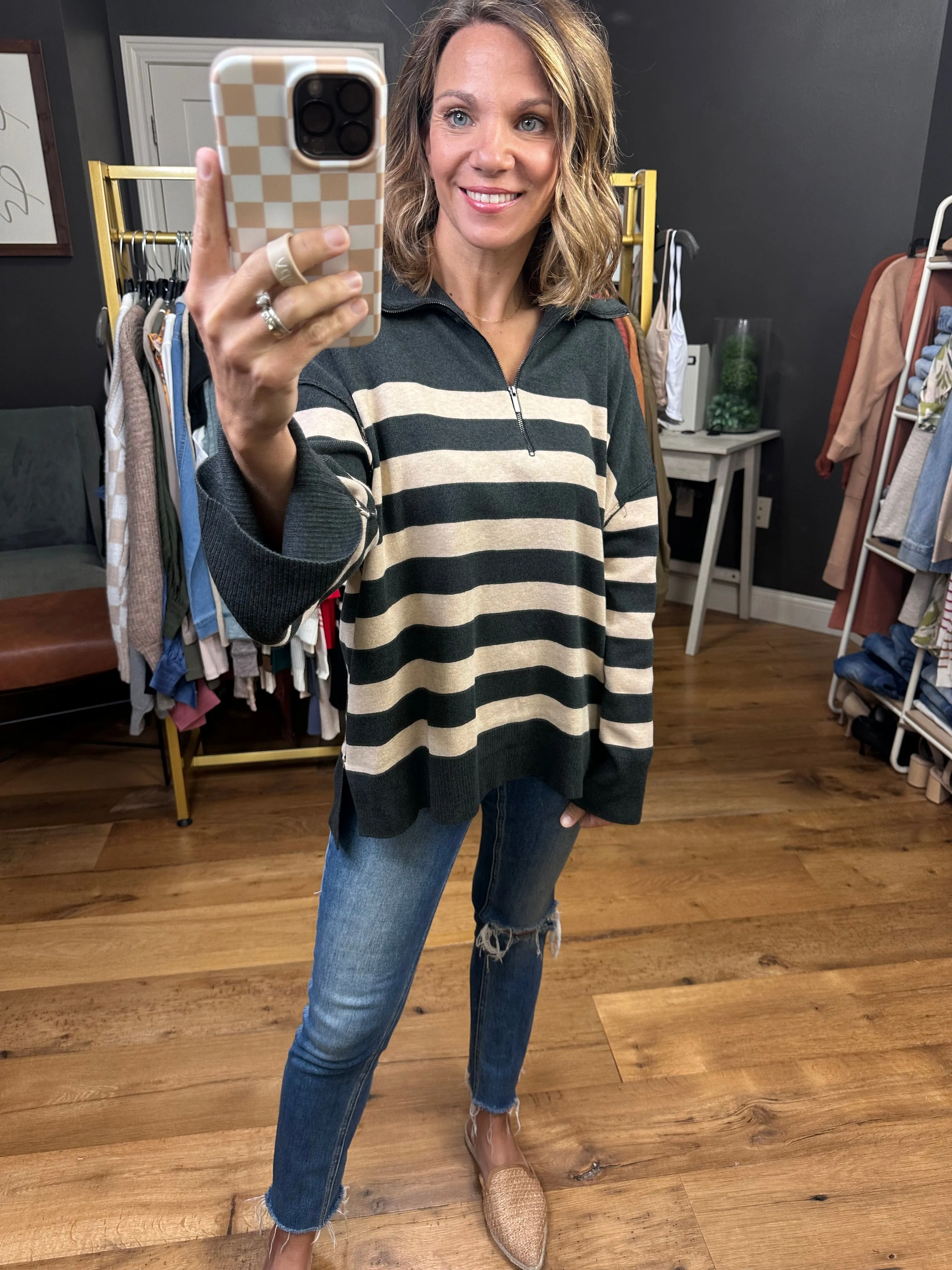 Brittany Mocha and Charcoal 1/2 Zip Striped Knit