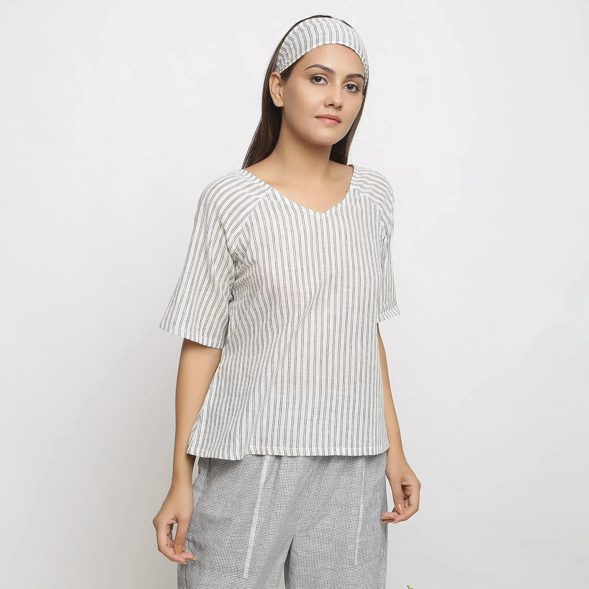 Charcoal Grey Striped Cotton A-Line Tie-Up Top