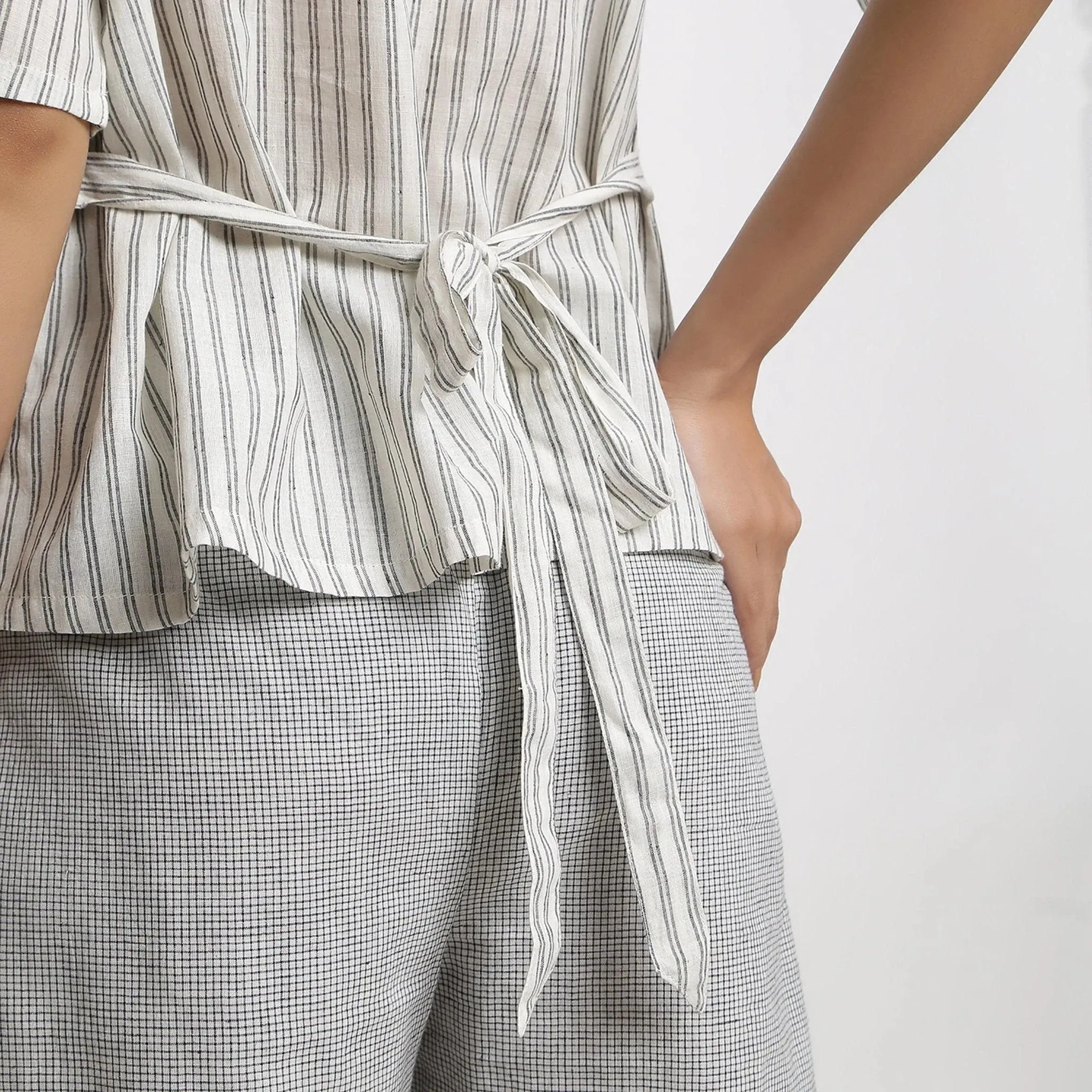 Charcoal Grey Striped Cotton A-Line Tie-Up Top