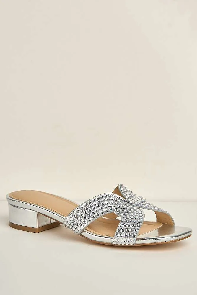 Della Gemstone Embellished Slip On Block Heel Mules in Silver