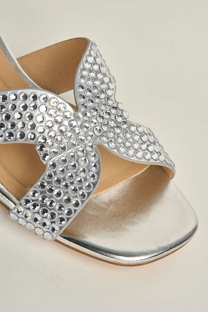 Della Gemstone Embellished Slip On Block Heel Mules in Silver