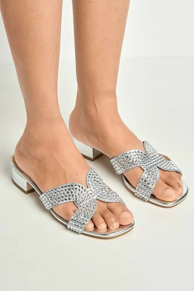 Della Gemstone Embellished Slip On Block Heel Mules in Silver