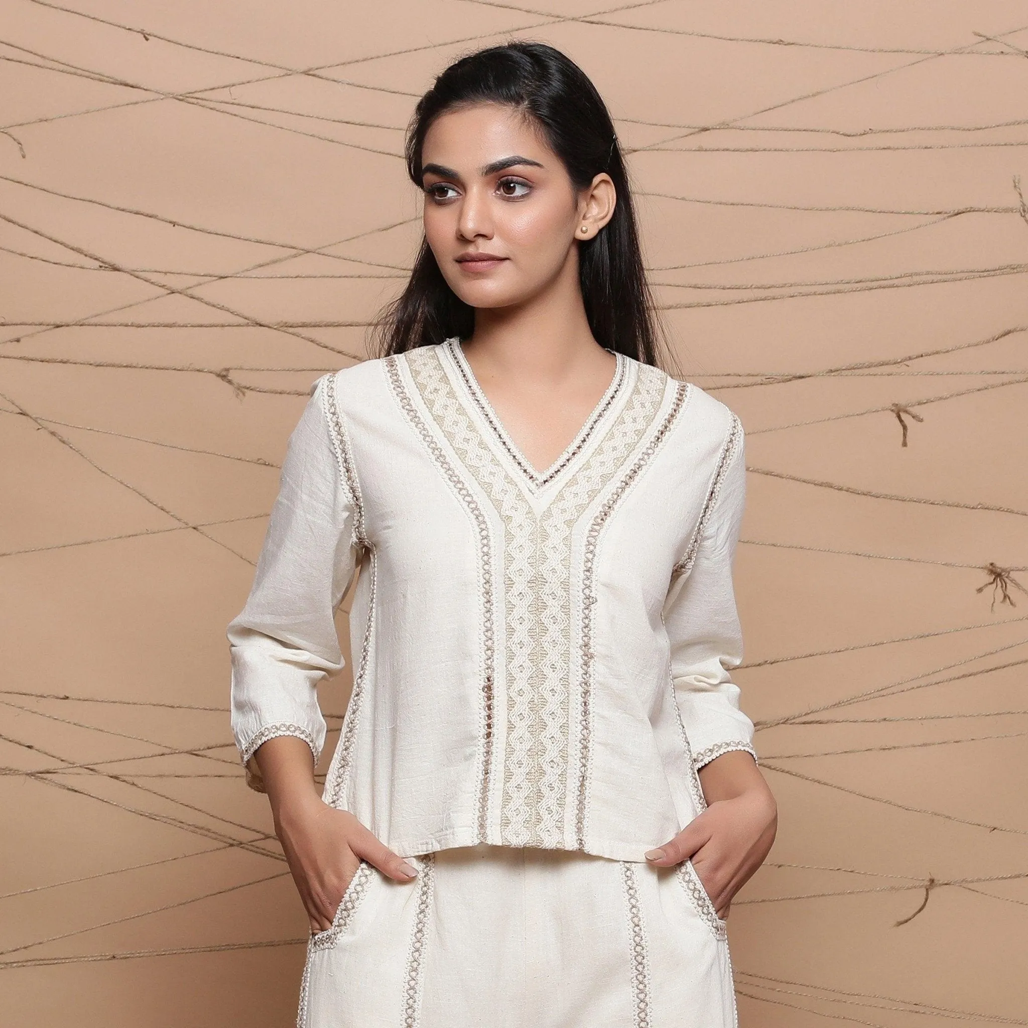 Ecru Jute Laced Handspun 100% Cotton Muslin V-Neck Top