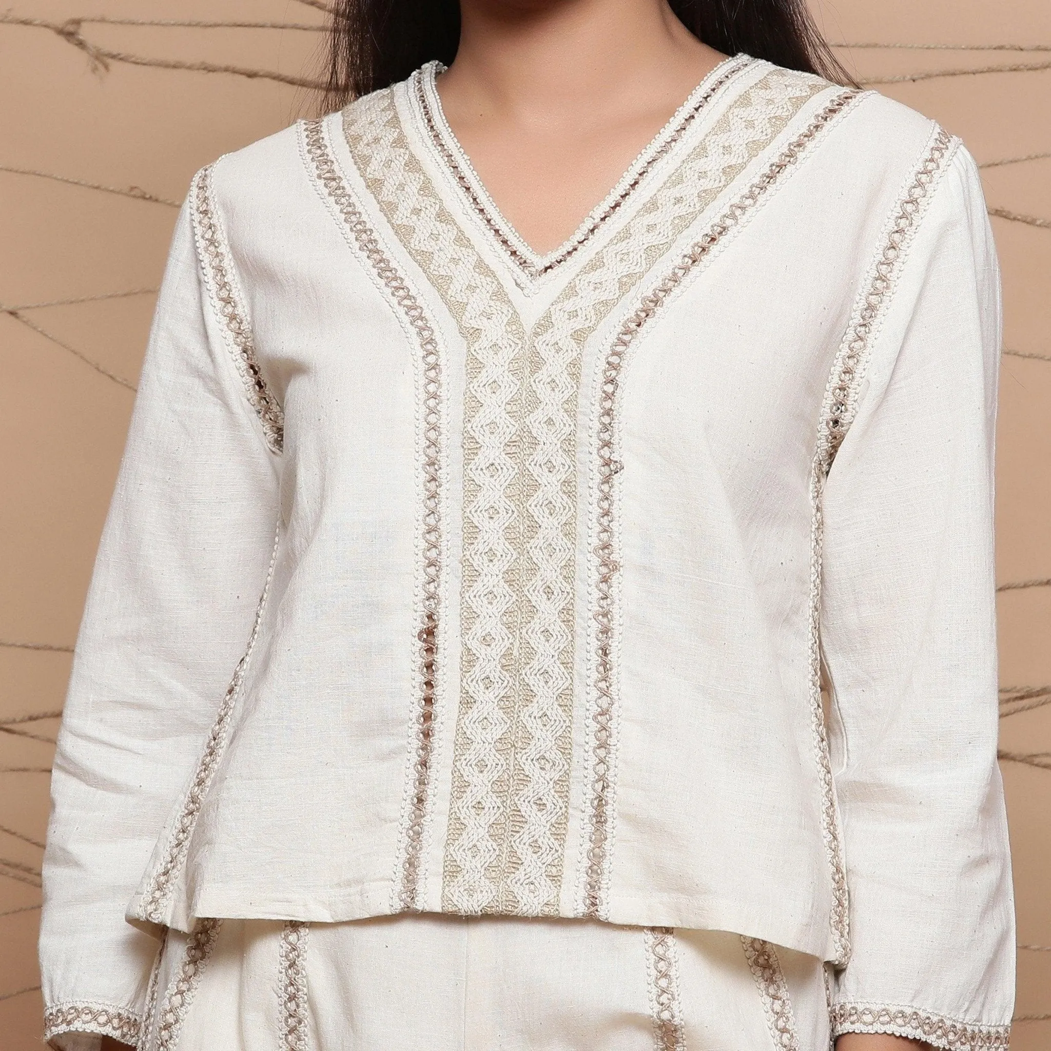 Ecru Jute Laced Handspun 100% Cotton Muslin V-Neck Top