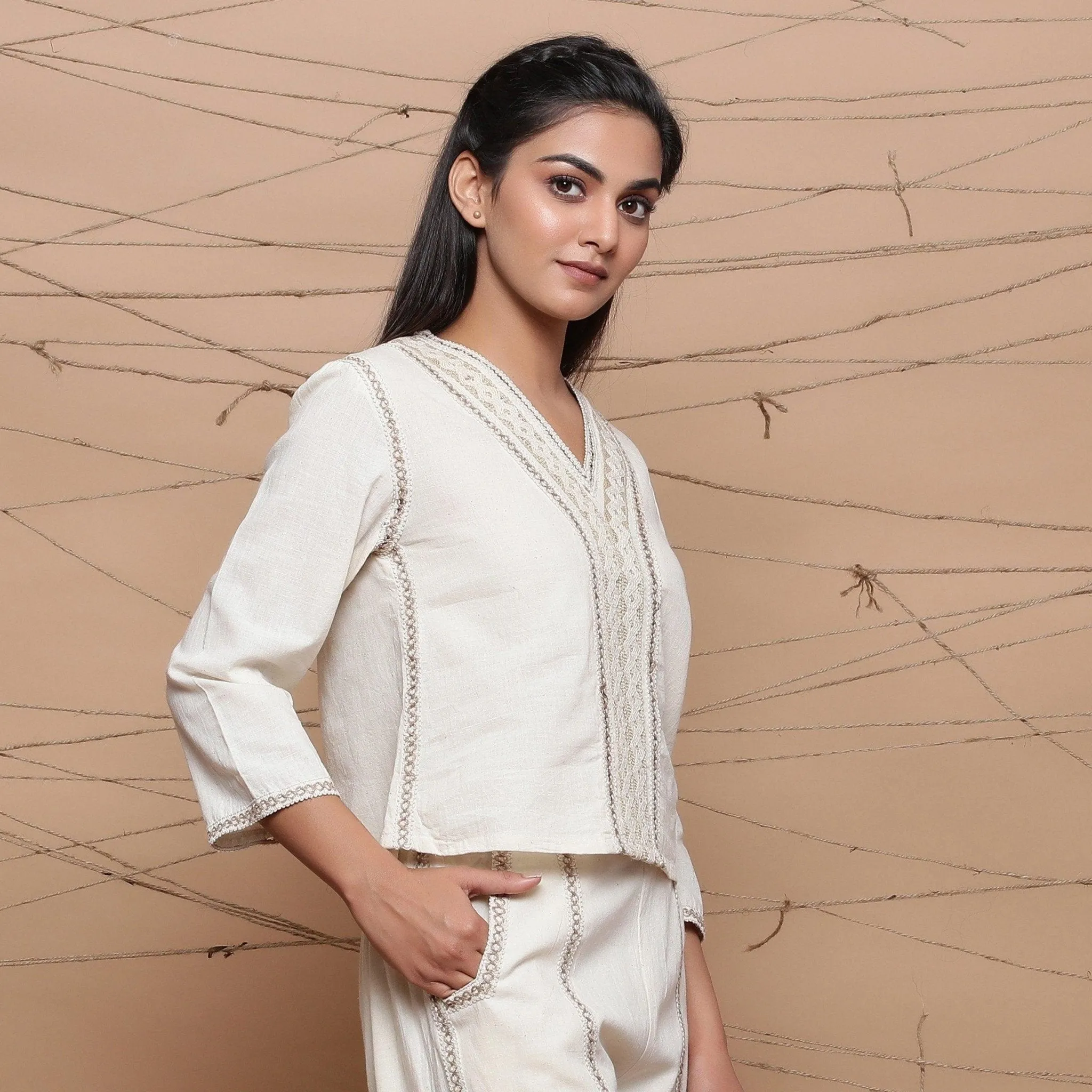 Ecru Jute Laced Handspun 100% Cotton Muslin V-Neck Top