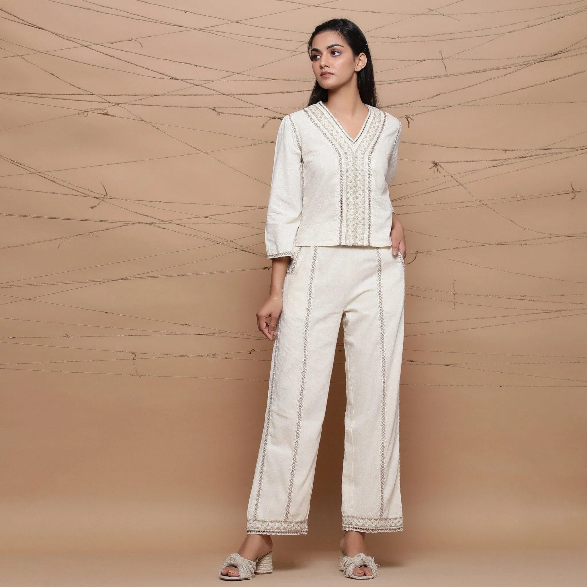 Ecru Jute Laced Handspun 100% Cotton Muslin V-Neck Top