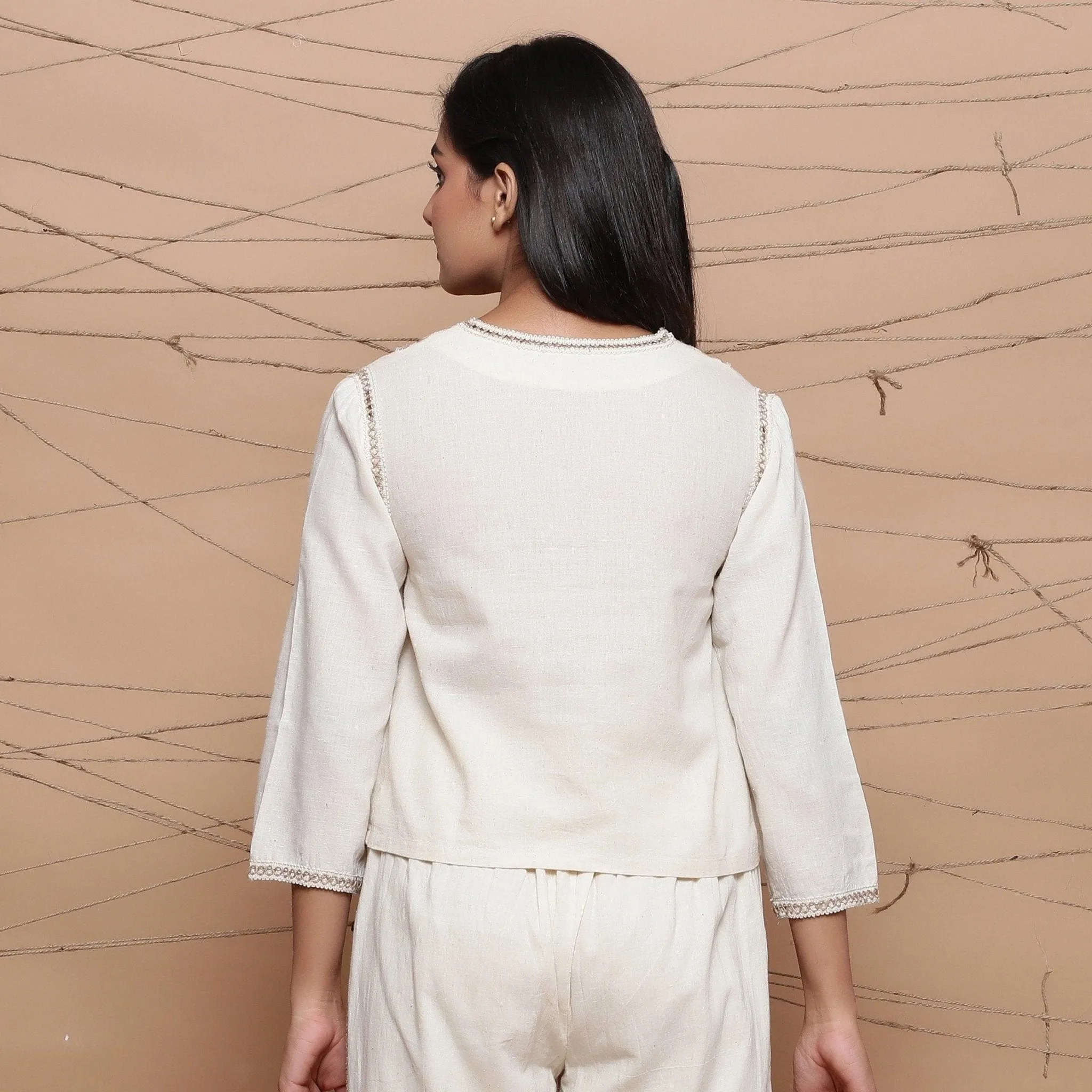 Ecru Jute Laced Handspun 100% Cotton Muslin V-Neck Top