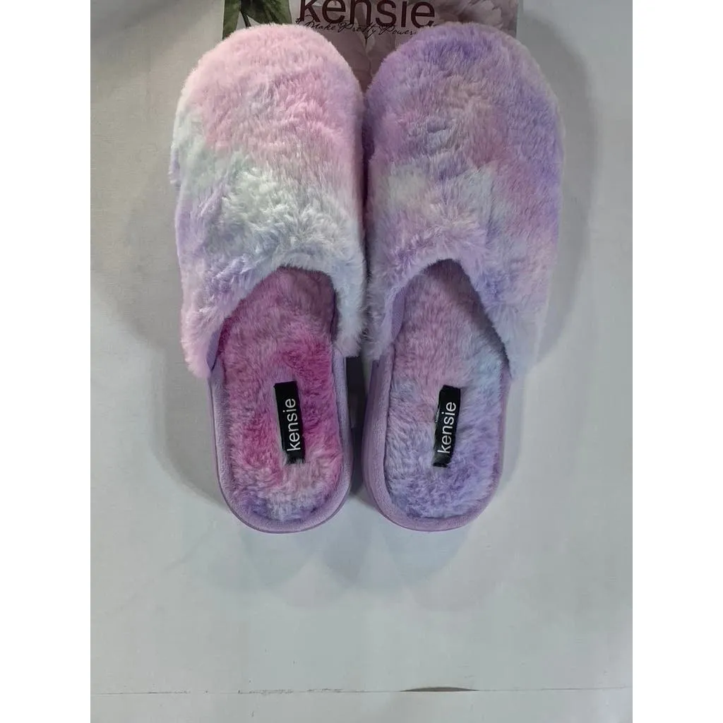 KENISE Women's Blue Multi Comfy Tie-Dye Faux-Fur Memory Foam Slipper SZXL(10/11)