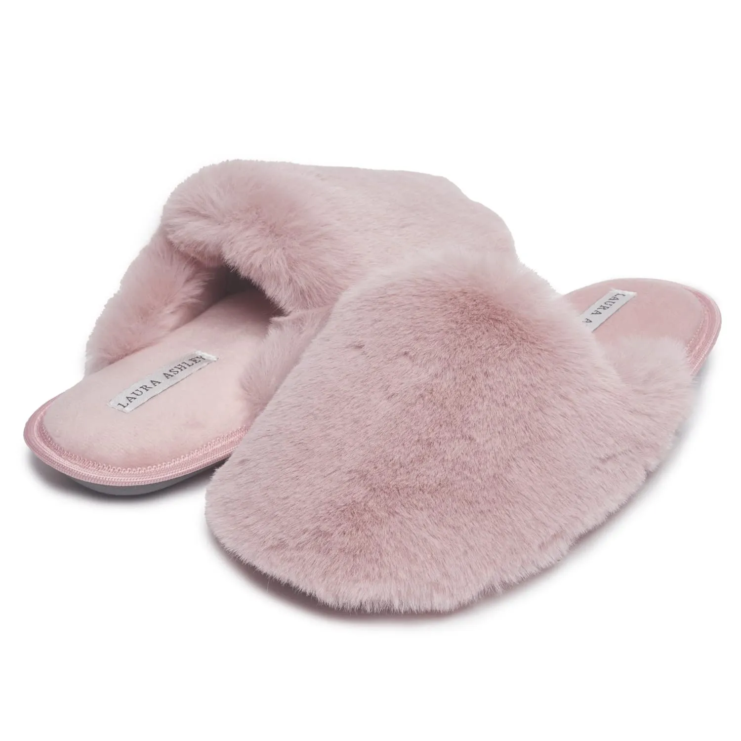 Laura Ashley Womens Soft Plush Memory Foam Scuff Slippers, Warm Fuzzy Fluffy Bedroom Slipper, Ladies Faux Fur Slip On House Shoes