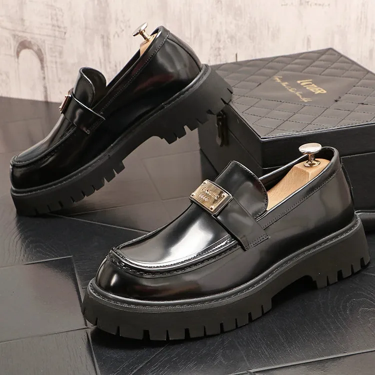 Men's leather shoes, thick-soled heightened shoes, trendy European low-top loafers, versatile slip-on casual shoes