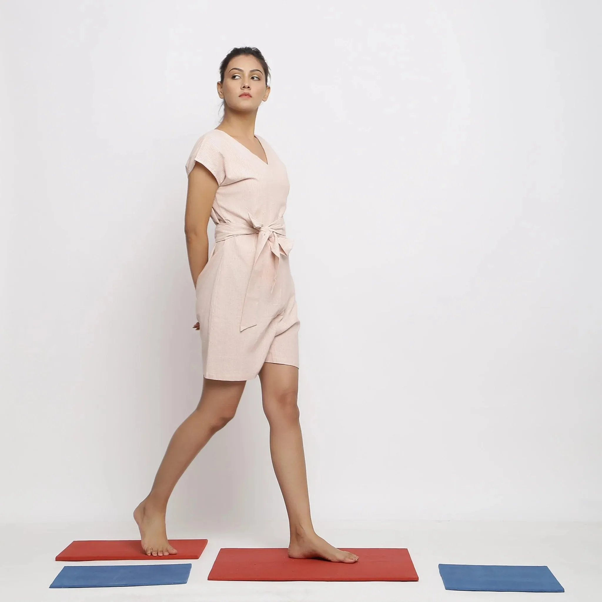 Pink Striped Vegetable Dyed Cotton Short Wrap Jumpsuit