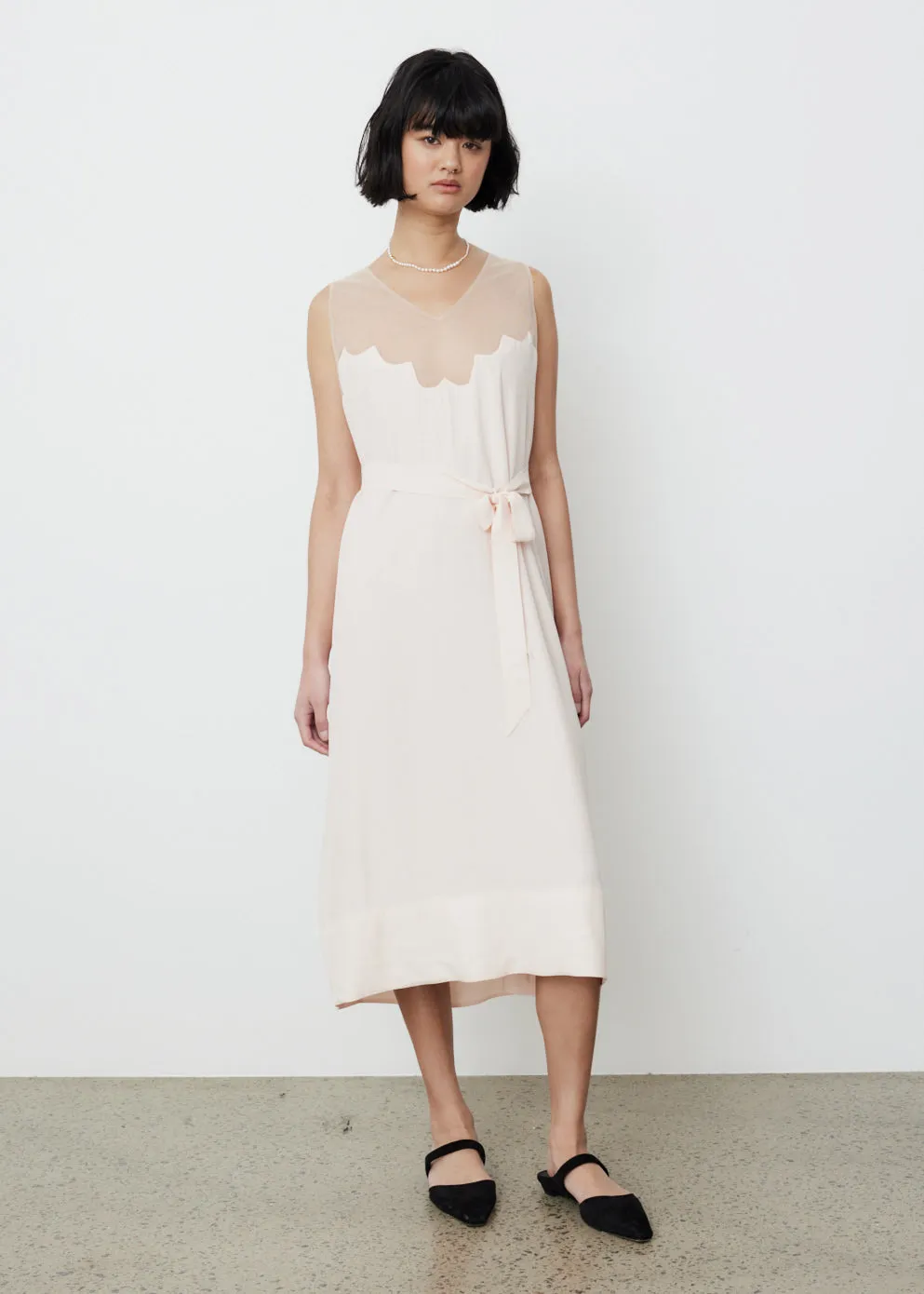 Scallop Tulle Neckline Slip Dress