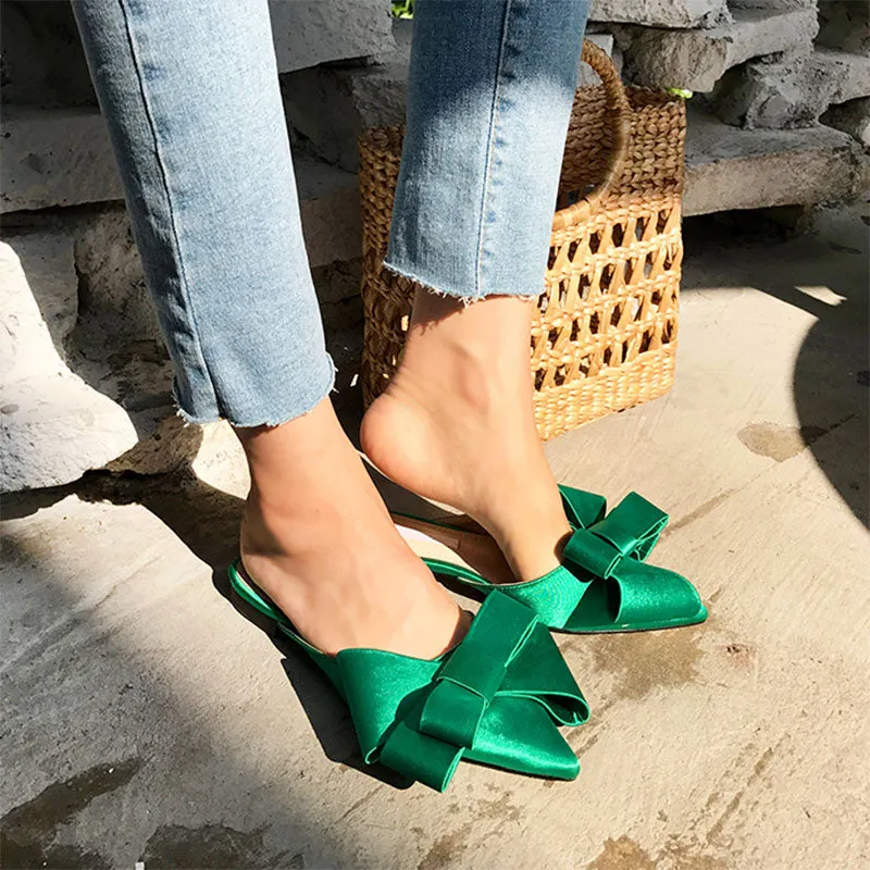 Silk Satin Pointed Bow Tie Slippers