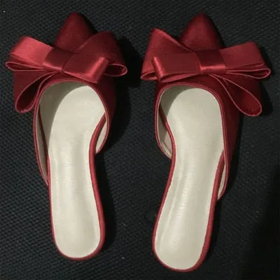 Silk Satin Pointed Bow Tie Slippers